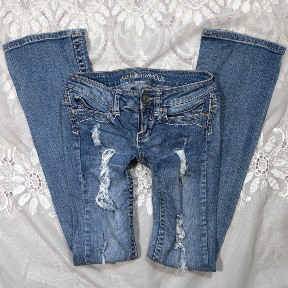 Y2K Sleaze Trashy Flare Almost Famous Distressed Bootcut Jeans Low Rise 0